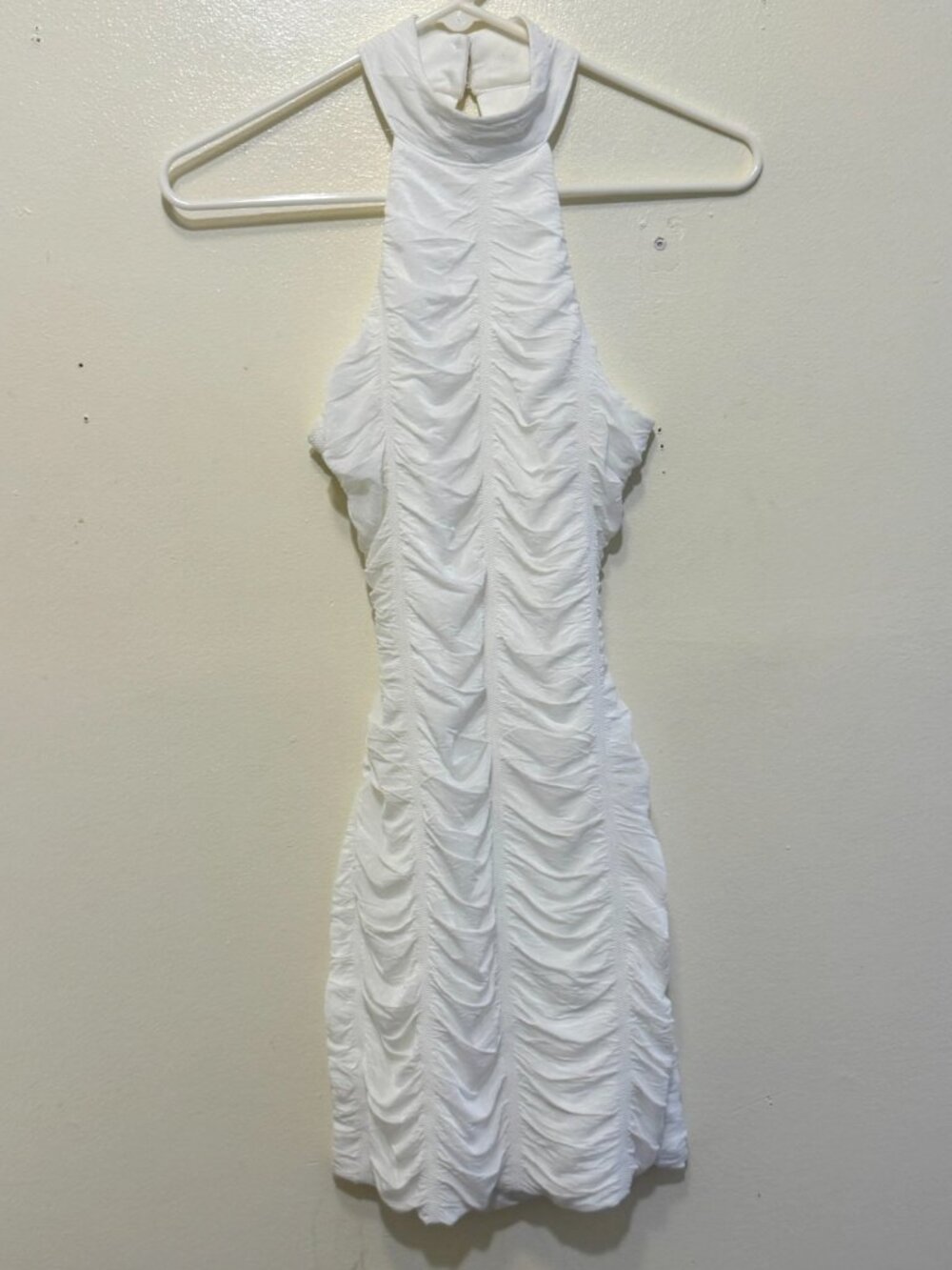 STEPS NEW YORK WHITE RUCHED HIGH NECK HALTER BODYCON MINI DRESS WOMENS SMALL